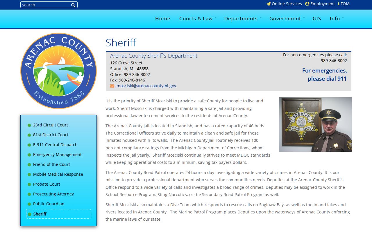 Arenac County Sheriff Department official webpage with jail and contact information