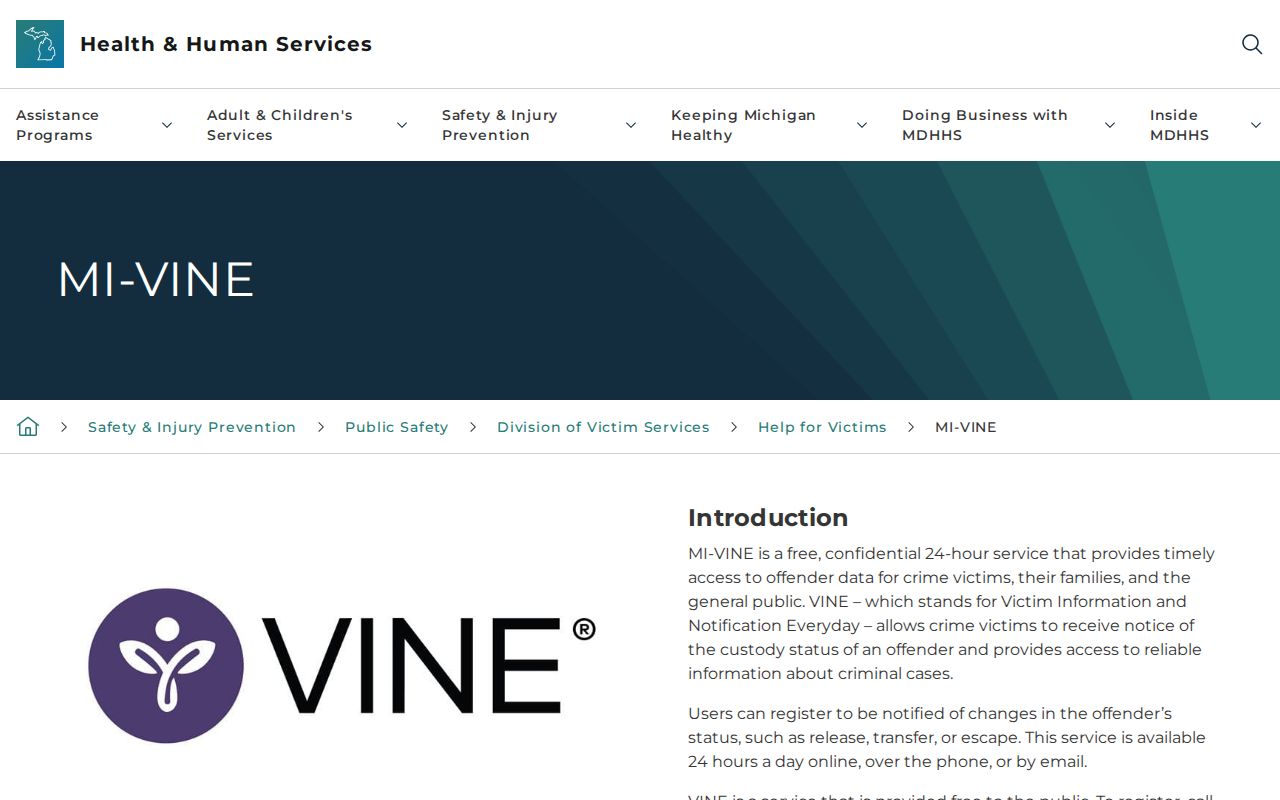 Official Michigan MI-VINE custody information and notification page