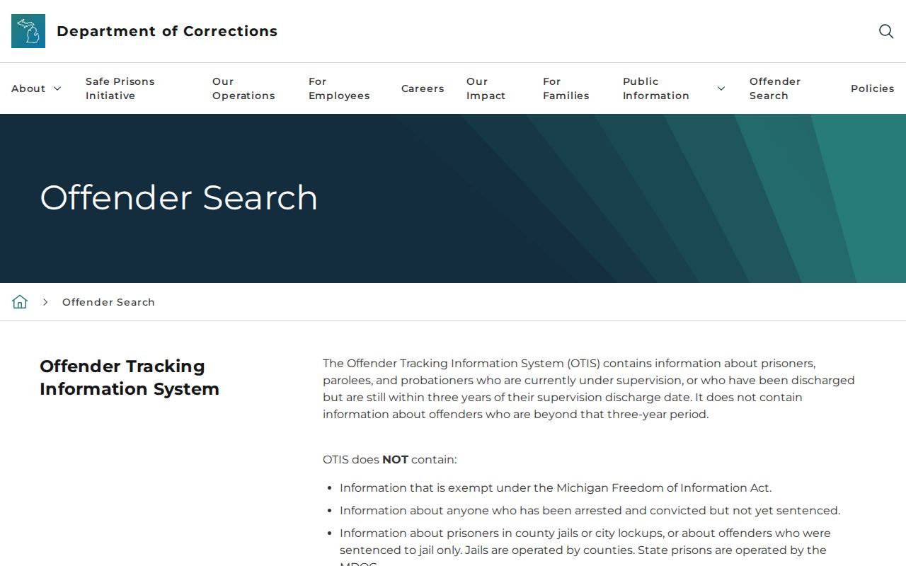 Michigan Department of Corrections OTIS official information page