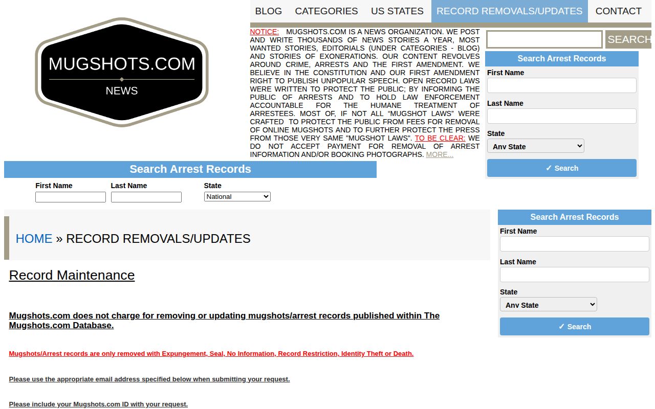 Mugshots.com record maintenance policy for correction or removal requests