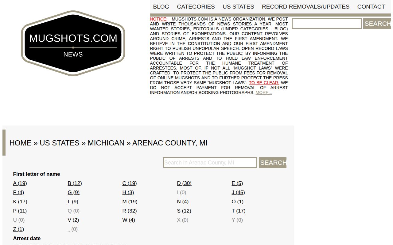Archived unofficial Arenac County index with older arrest dates