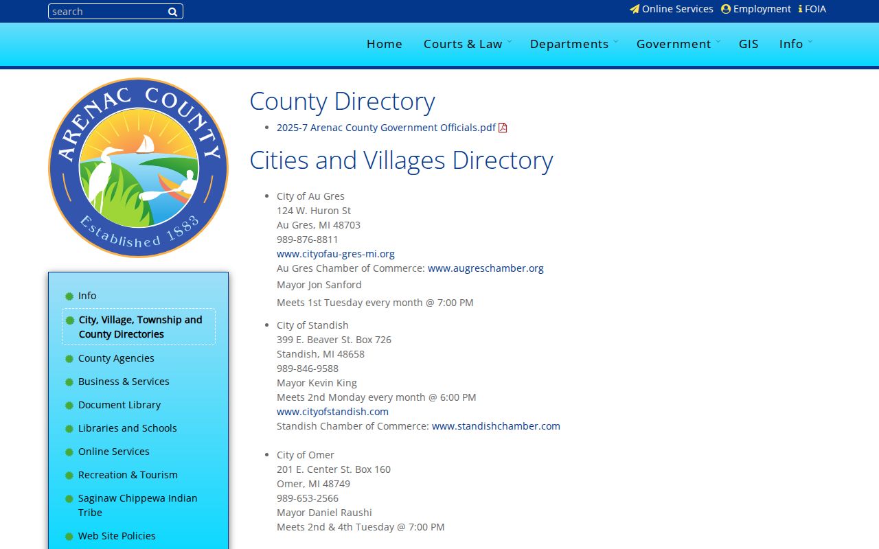 Arenac County municipal directory with the official Omer City Hall entry
