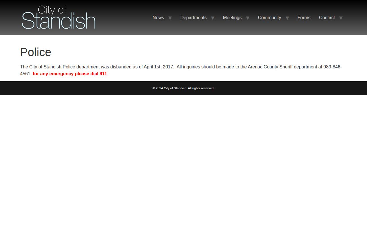 City of Standish police page documenting the department disbanding
